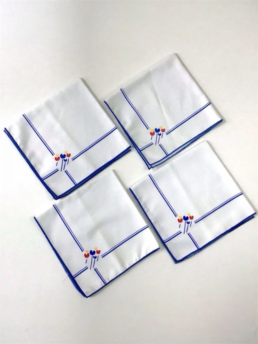 Vintage 1980s Cloth Napkins Set of 4 White Blue Edge Red Yellow Abstract Flower